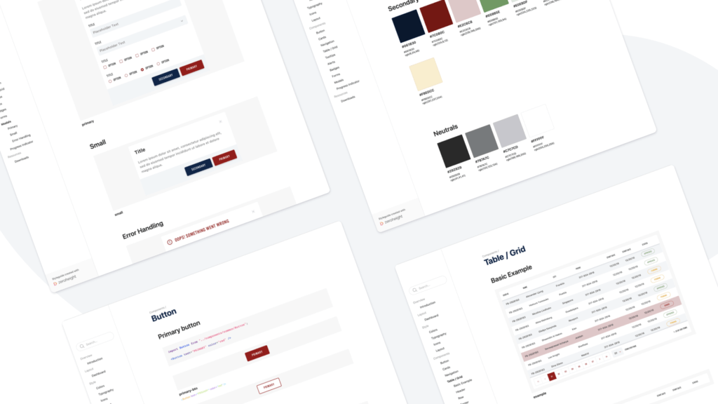 Image showcasing examples of design systems for cards, colors, buttons and grids